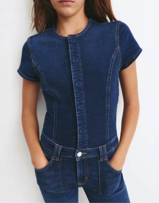 Pull & Bear - Bootcut-Jumpsuit aus Denim in Dunkelblau