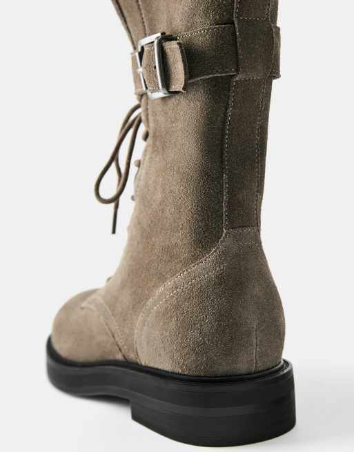 Pull&Bear boots i taupe med snörning och platt sula i läder, 5 av 6