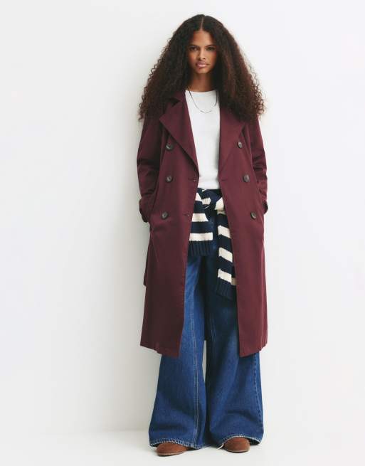 Pull&Bear - Bordeaux trenchcoat med bælte