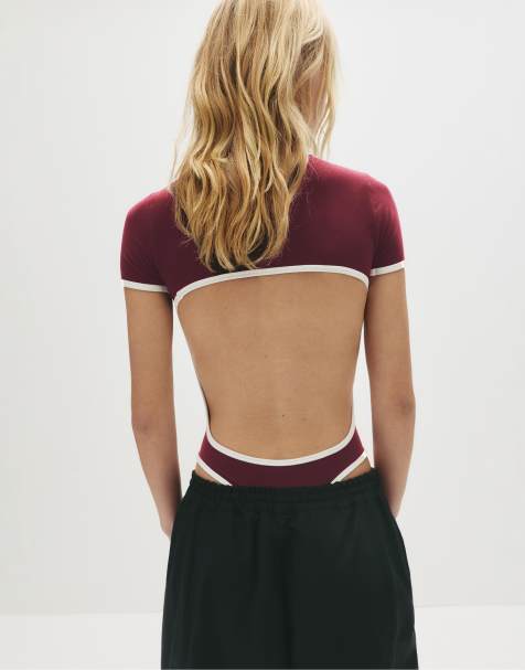Pull&Bear - Bordeauxrød bodystocking med kontrastfarvet ribstrik - view 1