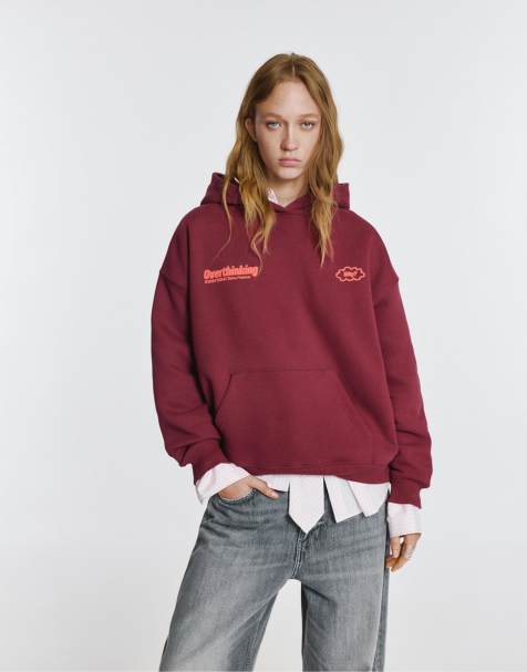 Pull&Bear - Bordeauxrød hættetrøje med 'Overthinking'-print - view 1