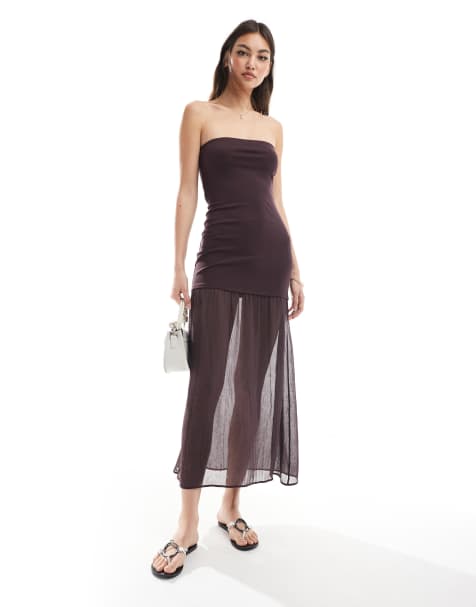 Pull&Bear – Bordowa sukienka maxi z dekoltem bandeau i obniżonym dołem - view 1