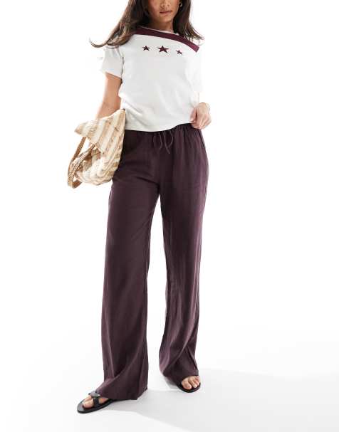 Pull&Bear high waisted linen look trousers in wine