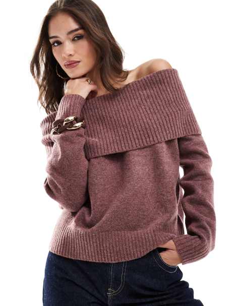 Pull&Bear – Bordowy dzianinowy sweter z dekoltem bardot - view 1