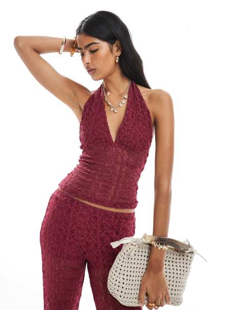 Pull&Bear – Bordowy koronkowy top z dekoltem typu halter, część zestawu - view 1