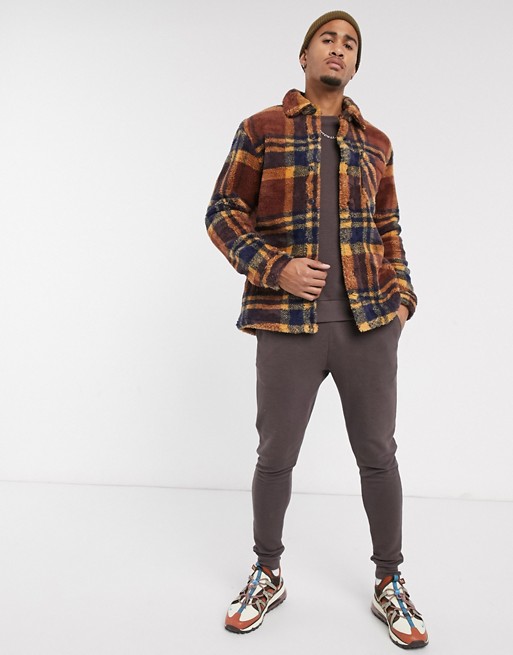 Pull&Bear borg check overshirt in brown