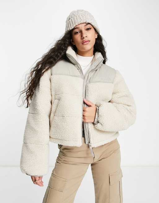 Pull&Bear borg coat with contrast detail in beige | ASOS