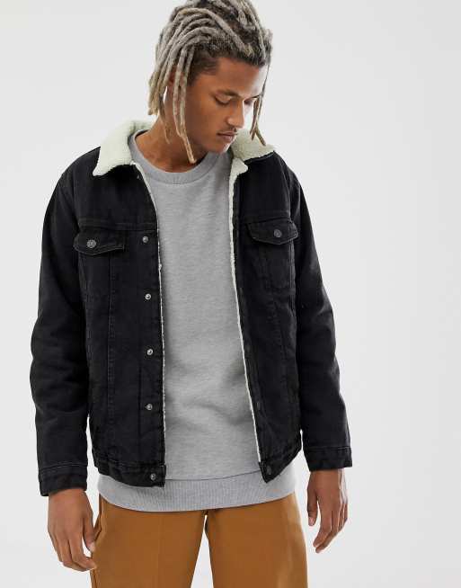 Pull&Bear borg lined denim jacket in black | ASOS