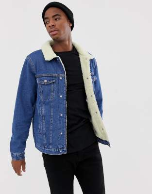 asos design borg lined denim jacket in black