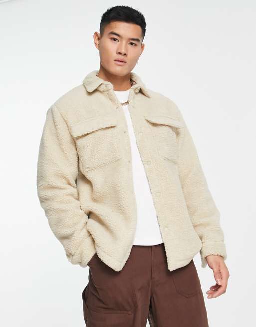 Pull&Bear borg overshirt in beige | ASOS