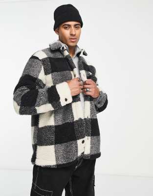 Pull&Bear borg overshirt with buffalo check in black