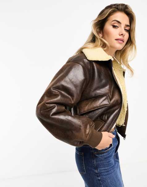 Pull&Bear borg trim cropped faux leather bomber jacket in chocolate brown - view 1
