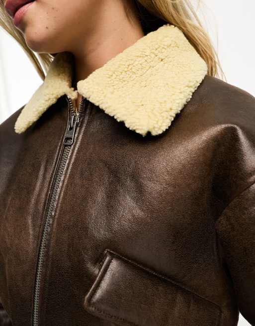 Pull&Bear borg trim cropped faux leather bomber jacket in chocolate brown