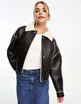 Pull & Bear Borg Trim Faux Leather Jacket In Black