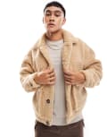 [Pull & Bear] Pull & Bear borg trucker jacket in sand-Neutral L Sand