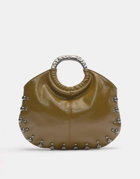Pull&Bear - Borsa a mano kaki con manico metallico e borchie - view 1
