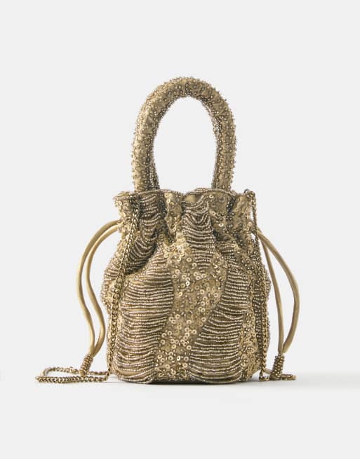 Pull&Bear - Borsa color oro con perline