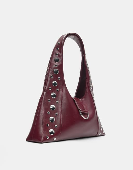 Pull&Bear - Borsa da spalla color bordeaux con borchie