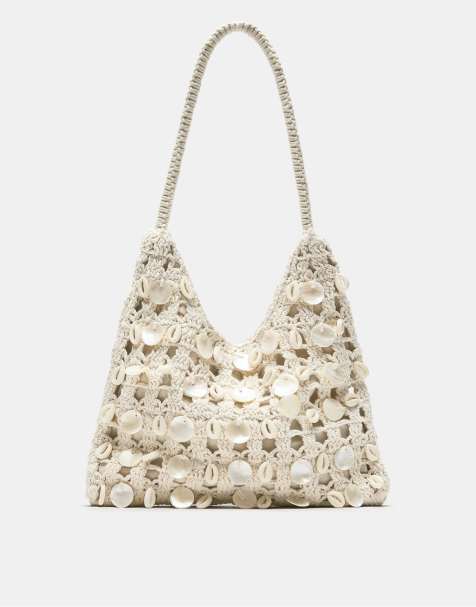 Pull&Bear - Borsa da spalla écru con perline - view 1