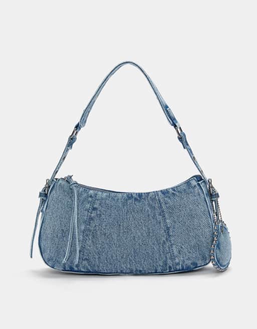 Pull&Bear - Borsa da spalla in denim blu con dettaglio decorativo