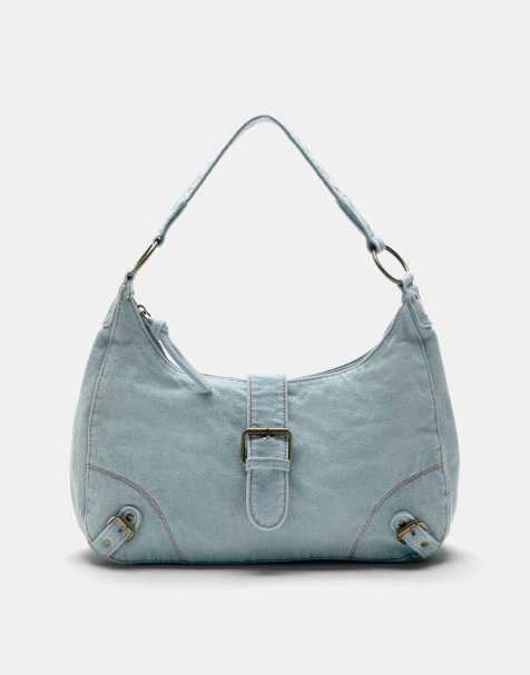 Pull&Bear - Borsa da spalla in denim blu con fibbie - view 1