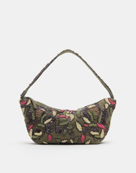 Pull&Bear - Borsa da spalla in tela kaki con perline - view 1
