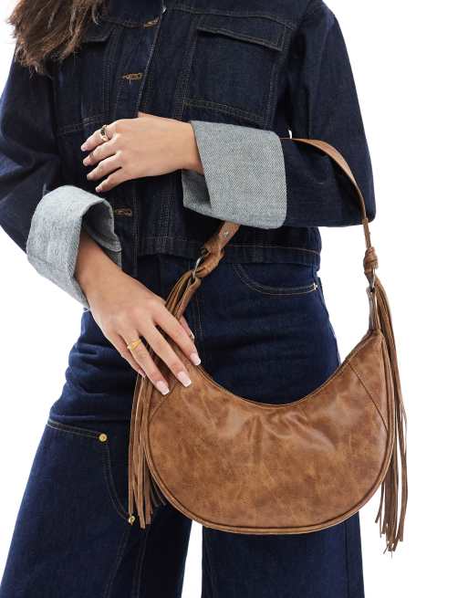 Pull&Bear - Borsa rotonda bohémien color cuoio slavato con nappe
