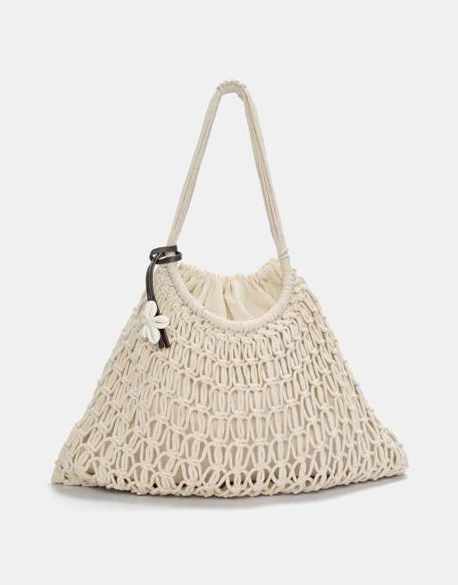 Pull&Bear - Borsa shopper écru all'uncinetto con decorazioni