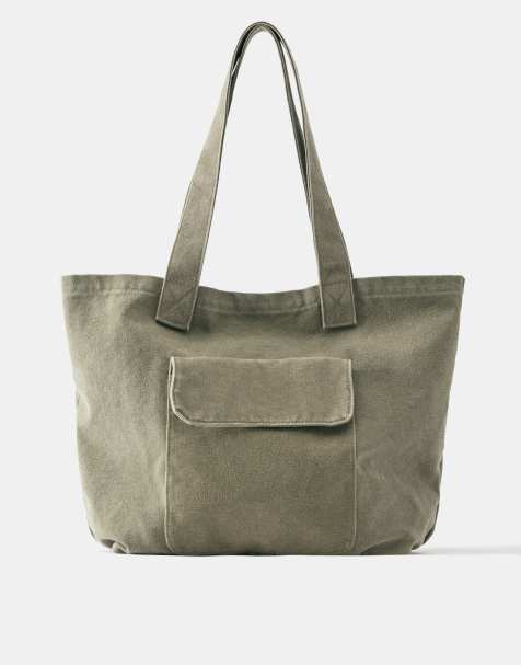 Pull&Bear - Borsa shopping in tela kaki - view 1