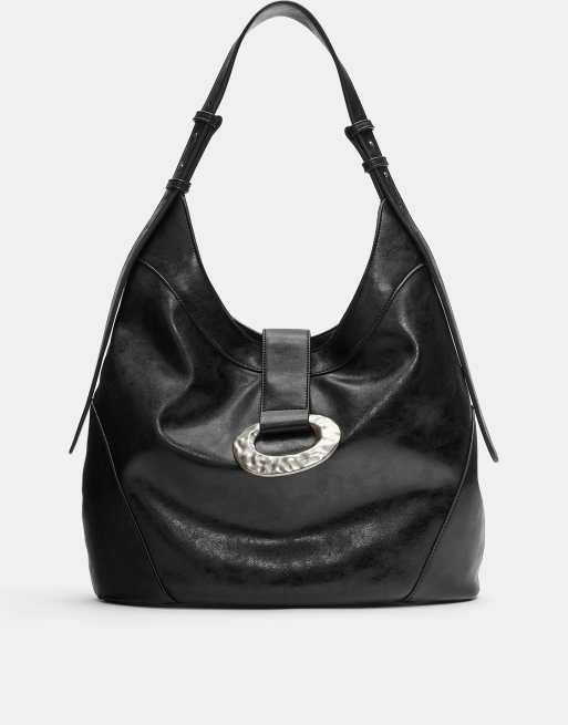 Pull&Bear - Borsa shopping nera con dettaglio ad anello