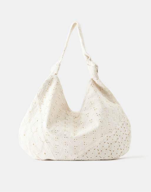 Pull&Bear - Borsa shopping ricamata color ecru, 1 di 4