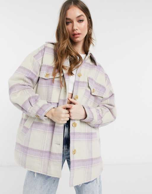 Pull&Bear – Borstad syrénfärgad skjortjacka med rutmönster
