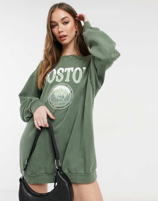 Pull&Bear – Boston – Sweatshirt-Kleid in Dunkelgrün