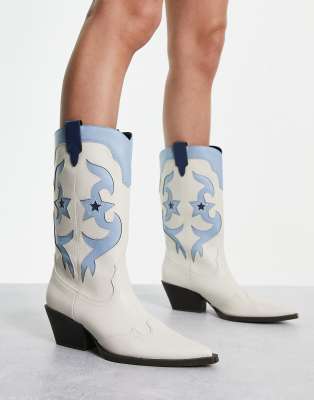 Pull&Bear contrast cowboy boots in ecru & blue - ASOS Price Checker