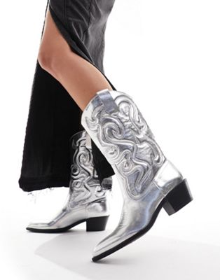 Pull&Bear western style cowboy boot in silver - ASOS Price Checker