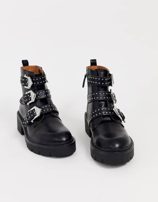 Pull Bear Bottines semelle chunky avec clous et boucles multiples Noir