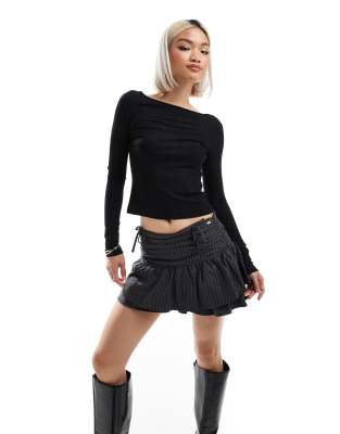 Pull & Bear Bow Detail Pinstripe Mini Skirt In Dark Gray