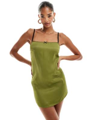 Pull & Bear Bow Detail Strappy Satin Mini Dress In Olive Green