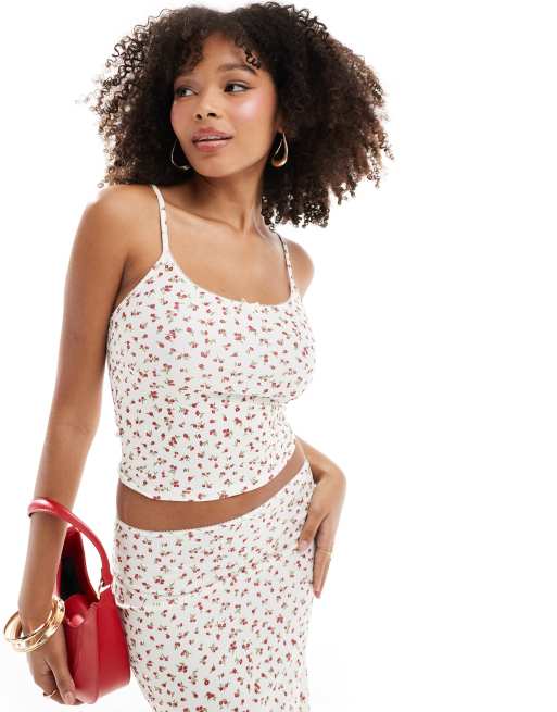 Pull&Bear bow front ribbed cami in red floral (part of a set)