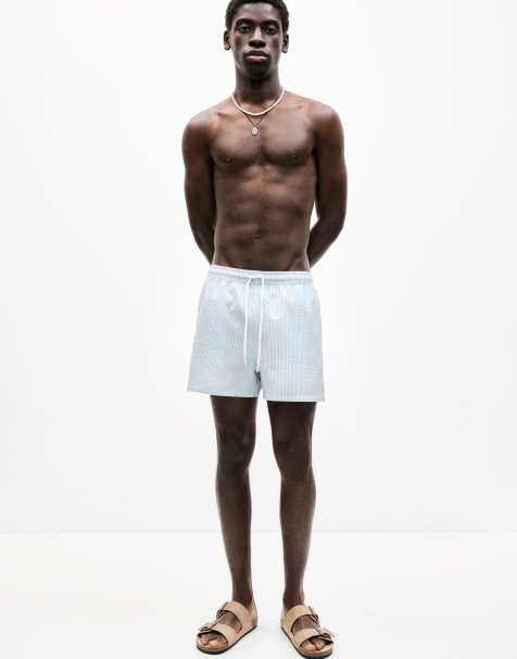Pull&Bear - Boxer aderenti da bagno blu in seersucker a righe - view 1