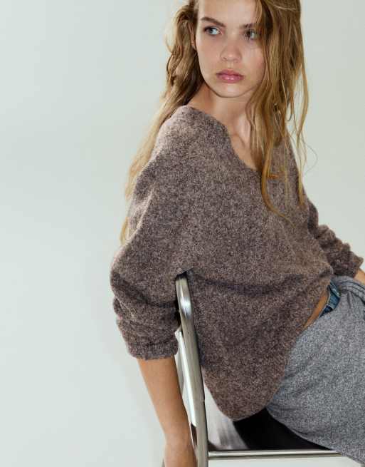 Pull&Bear boxig tröja med v-ringning i bordeaux, 3 av 7