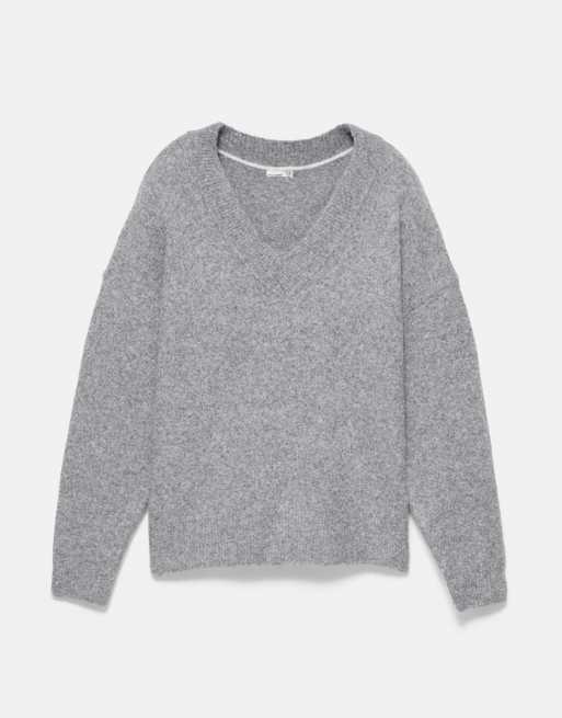 Pull&Bear boxig tröja med v-ringning i gråmelerad ull, 5 av 7