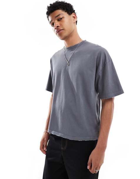 Pull&Bear boxy cropped destroyed T-shirt in gray - view 1