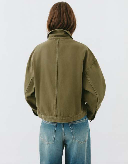 Pull&Bear Boxy denim overshirt in khaki, 3 of 7