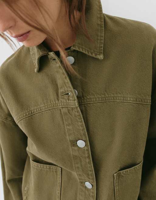 Pull&Bear Boxy denim overshirt in khaki, 4 of 7