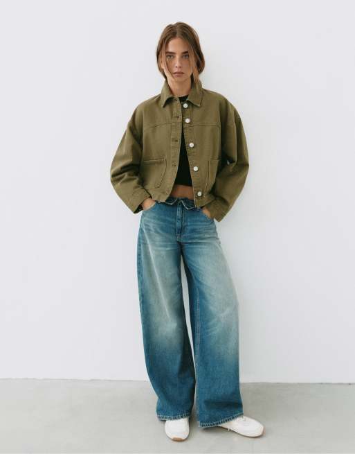 Pull&Bear Boxy denim overshirt in khaki, 5 of 7