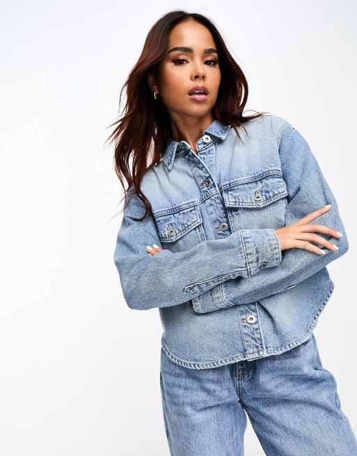 Pull&Bear boxy denim overshirt in medium blue | ASOS