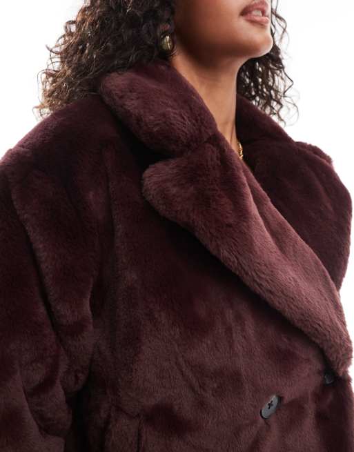 Pull Bear boxy faux fur coat in burgundy