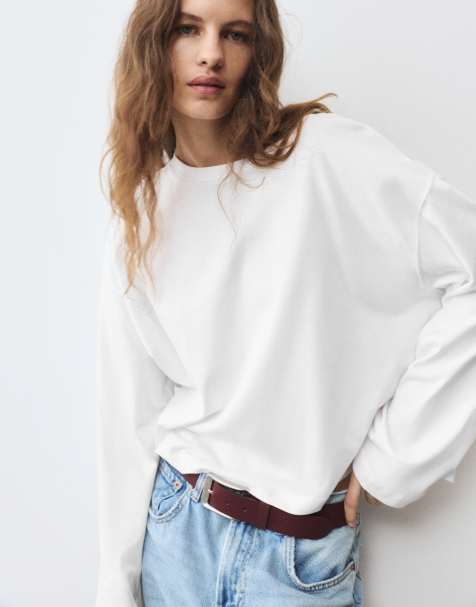 Pull&Bear boxy-fit langærmet T-shirt i hvid - view 1
