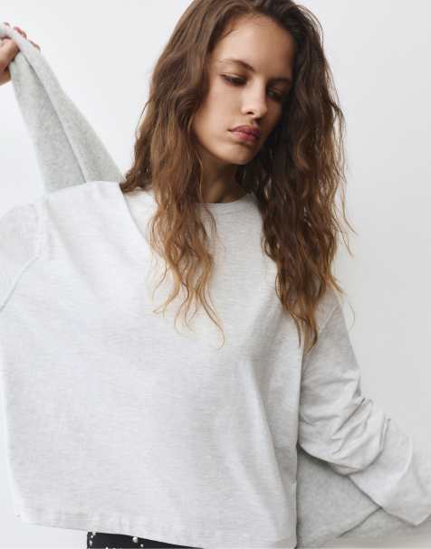 Pull&Bear Boxy-fit long sleeve t-shirt in grey marl - view 1